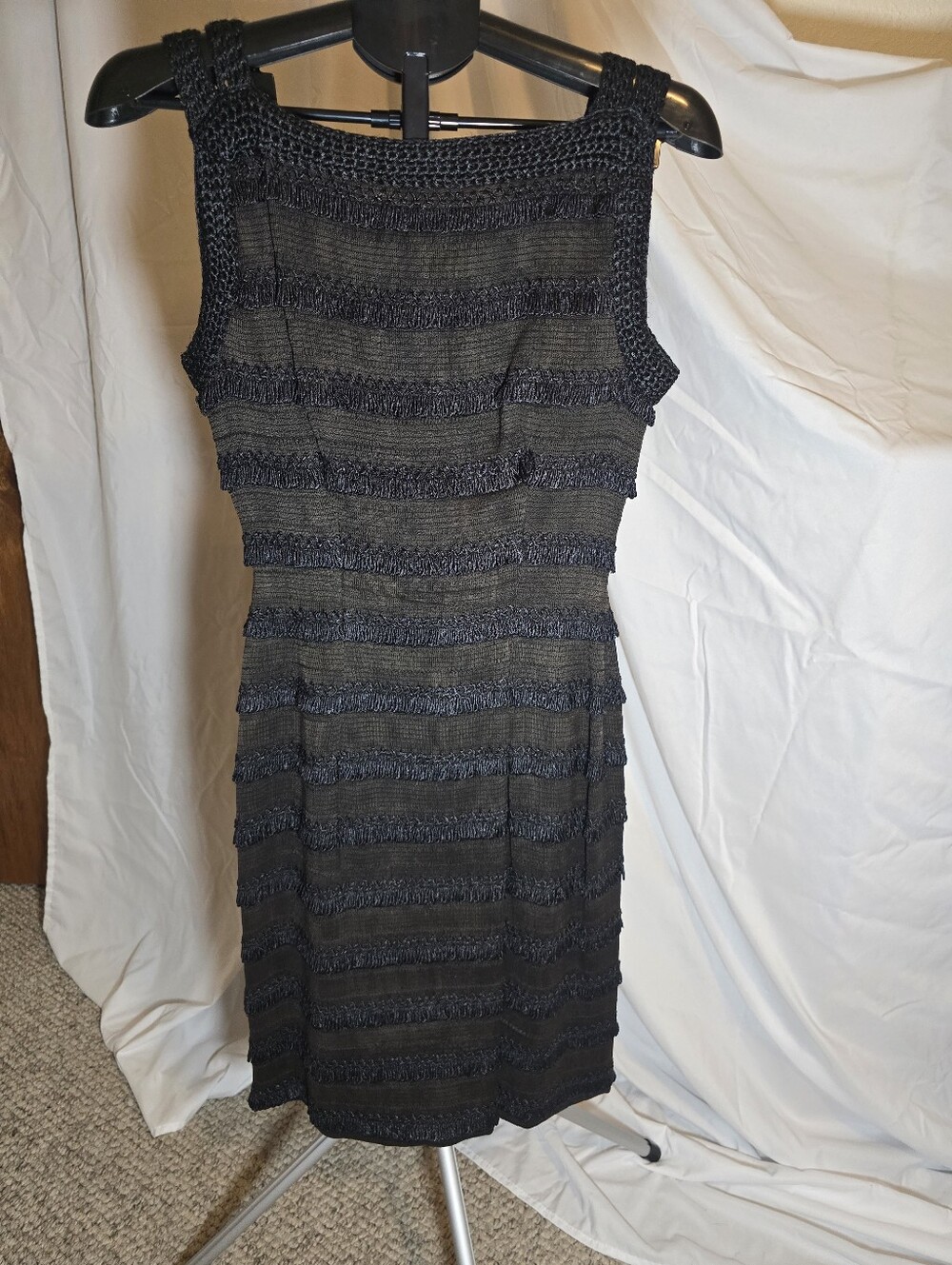 Vintage Sleeveless Black Textured Fringe Stripe Knit Dress